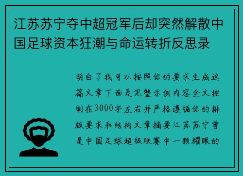 江苏苏宁夺中超冠军后却突然解散中国足球资本狂潮与命运转折反思录